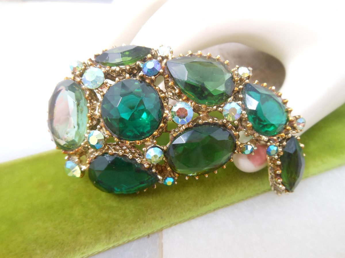 Vintage Regency Revival Brooch Green Pin Emerald Aurora Borealis Ornate Chunky Mid Century Jewelry Gift, VivianJoel.com