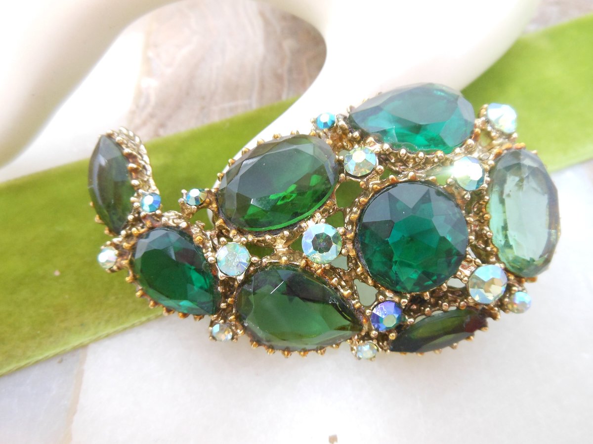 Vintage Regency Revival Brooch Green Pin Emerald Aurora Borealis Ornate Chunky Mid Century Jewelry Gift, VivianJoel.com
