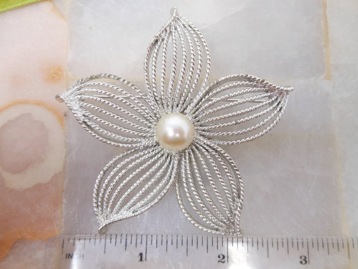 Vintage SARAH COVENTRY Flower Brooch Pearl Moonflower Pin Starburst Designer Mid Century Jewelry Gift, VivianJoel.com