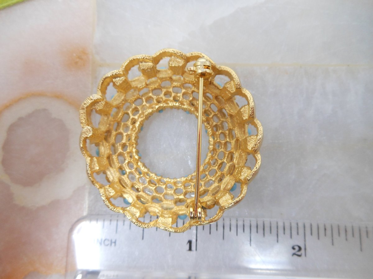 Vintage SARAH COVENTRY Rhinestone Pin Turquoise Brooch Wreath Song of India Designer Ornate Mid Century Jewelry Gift, VivianJoel.com