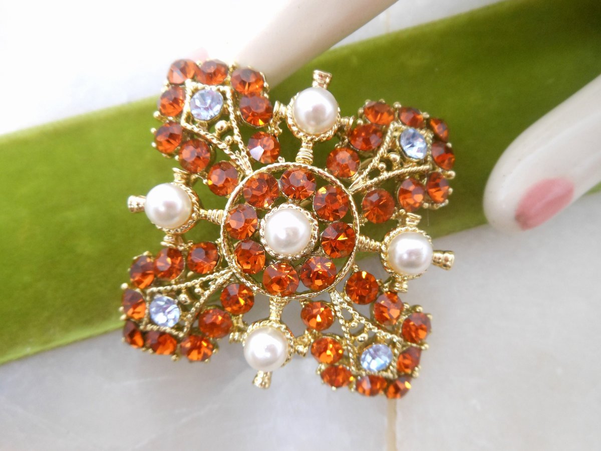 Vintage Maltese Cross Brooch Ornate Pin Victorian Revival Rhinestone Crystal Pearl Mid Century Jewelry Gift, VivianJoel.com