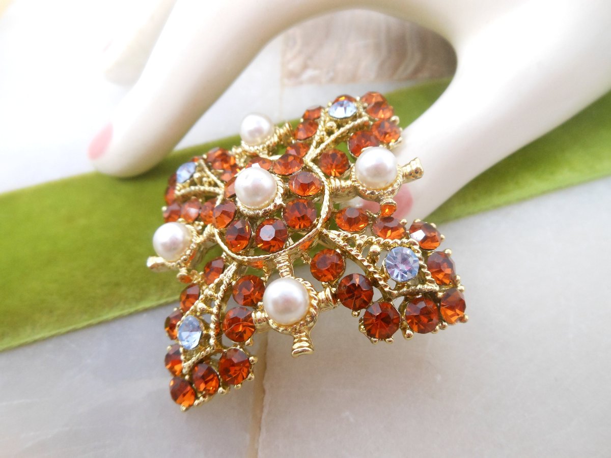 Vintage Maltese Cross Brooch Ornate Pin Victorian Revival Rhinestone Crystal Pearl Mid Century Jewelry Gift, VivianJoel.com