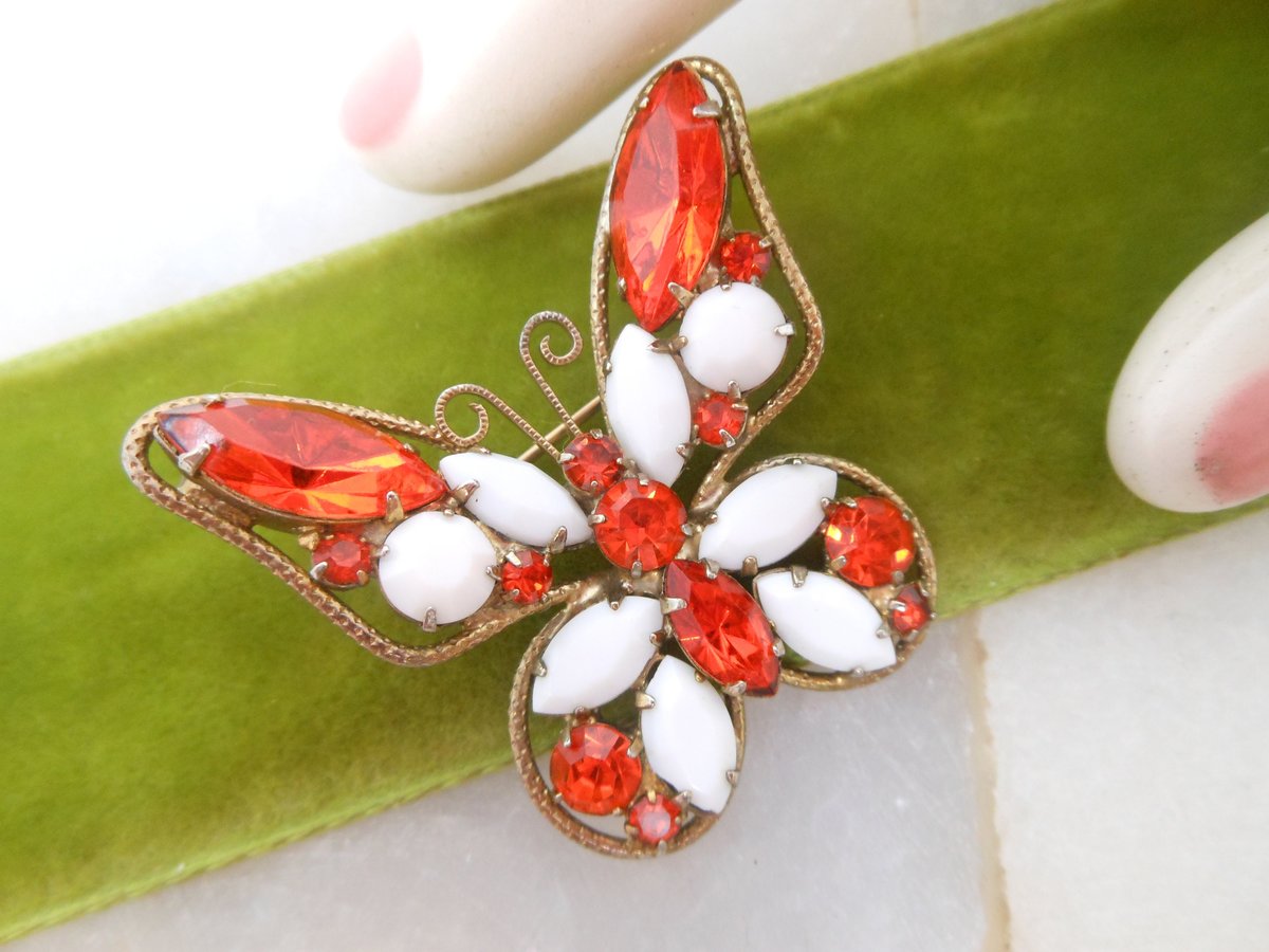 Vintage JULIANA Butterfly Brooch Milk Glass Pin Crystal Rhinestone Designer Mid Century Bug Insect Jewelry Gift, VivianJoel.com