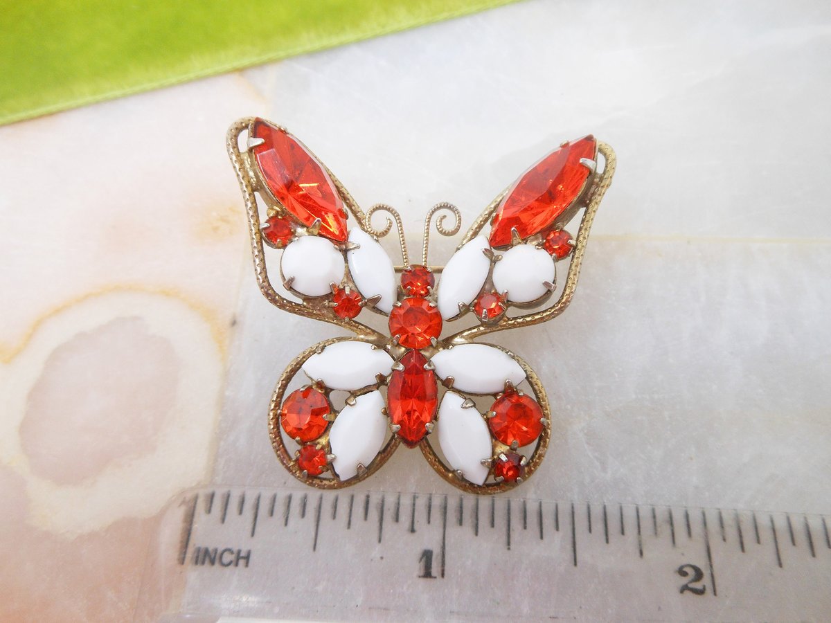Vintage JULIANA Butterfly Brooch Milk Glass Pin Crystal Rhinestone Designer Mid Century Bug Insect Jewelry Gift, VivianJoel.com