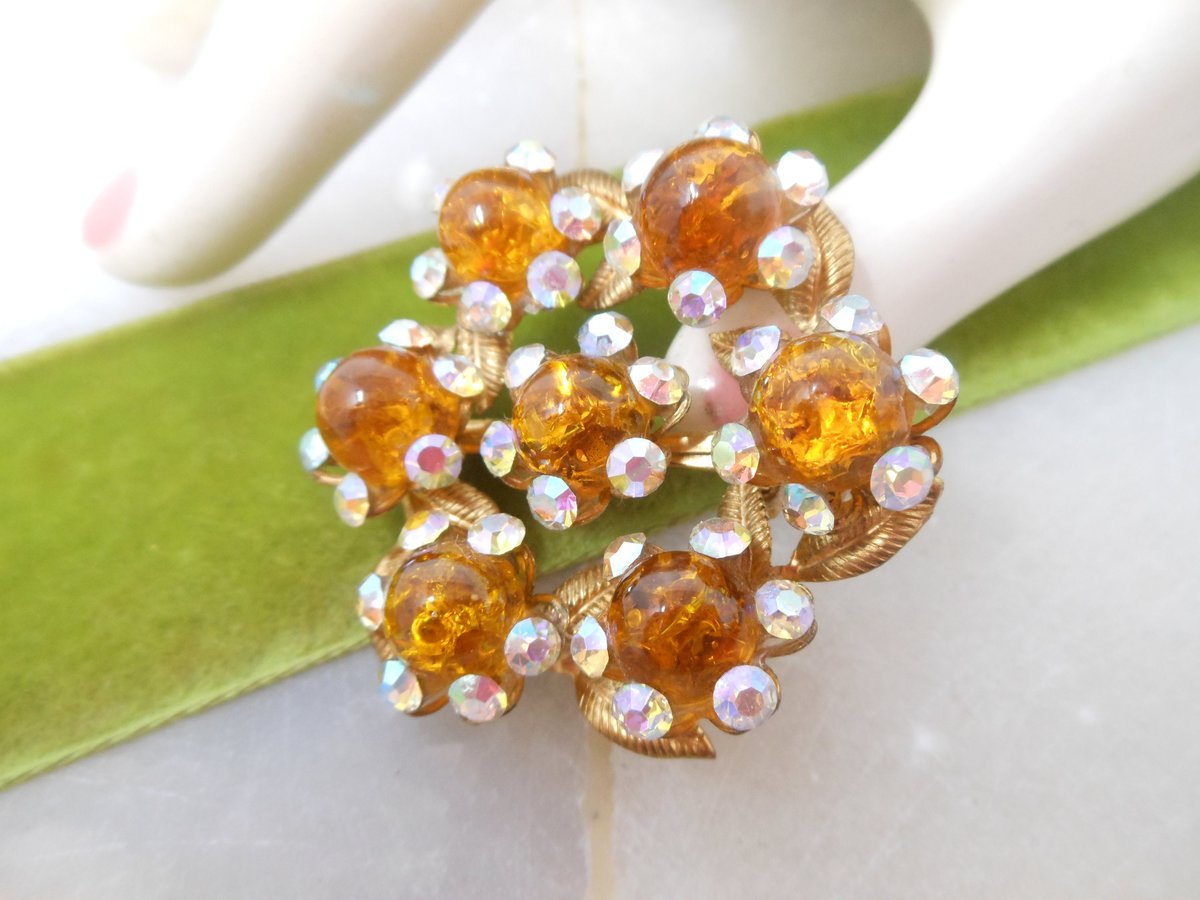 Vintage Rhinestone Brooch Art Glass Flower Pin Aurora Borealis Mid Century Jewelry Gift, VivianJoel.com