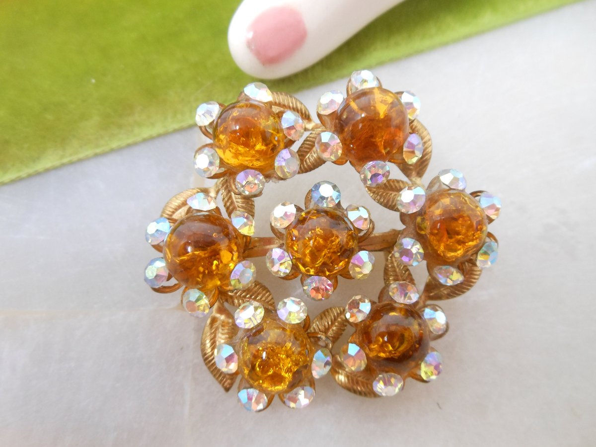 Vintage Rhinestone Brooch Art Glass Flower Pin Aurora Borealis Mid Century Jewelry Gift, VivianJoel.com