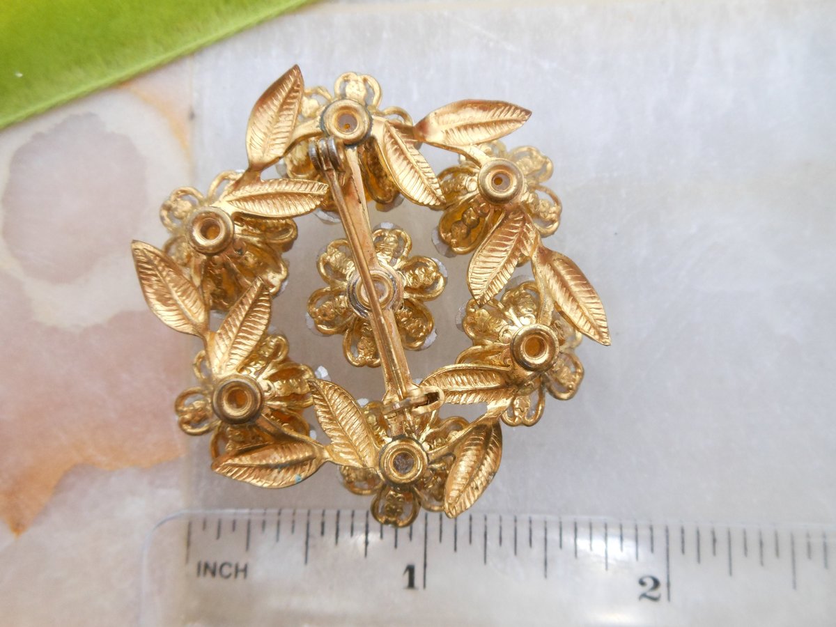 Vintage Rhinestone Brooch Art Glass Flower Pin Aurora Borealis Mid Century Jewelry Gift, VivianJoel.com