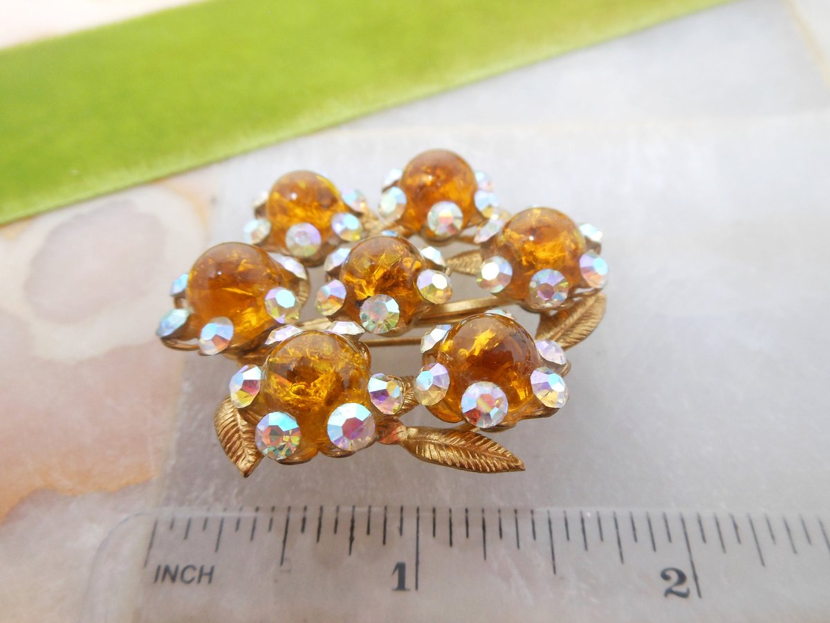 Vintage Rhinestone Brooch Art Glass Flower Pin Aurora Borealis Mid Century Jewelry Gift, VivianJoel.com