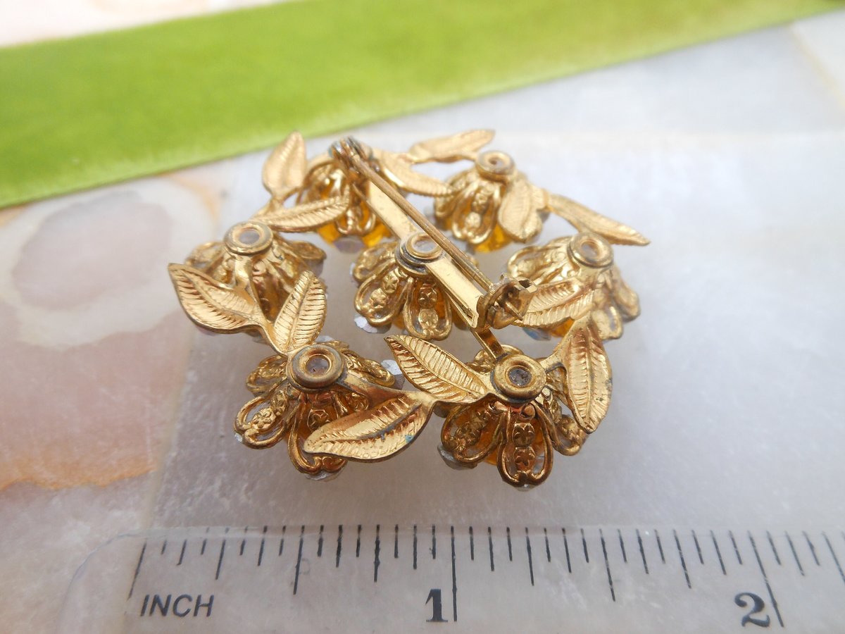 Vintage Rhinestone Brooch Art Glass Flower Pin Aurora Borealis Mid Century Jewelry Gift, VivianJoel.com