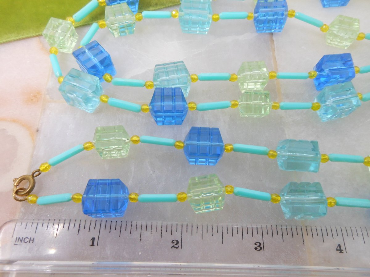 Vintage Blue Green Bead Necklace Chunky Plastic Long Chain Flapper MOD Funky Jewelry Gift Mid Century, VivianJoel.com