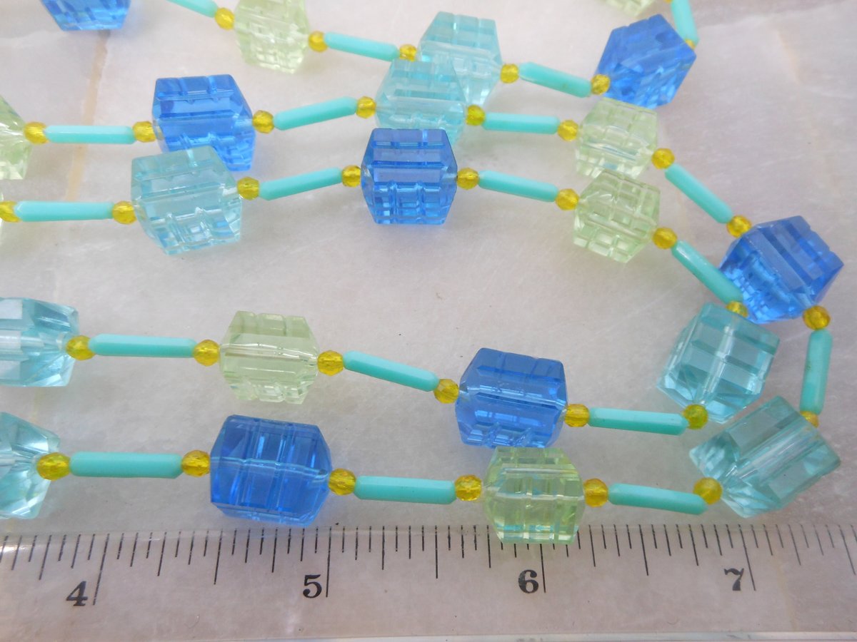 Vintage Blue Green Bead Necklace Chunky Plastic Long Chain Flapper MOD Funky Jewelry Gift Mid Century, VivianJoel.com