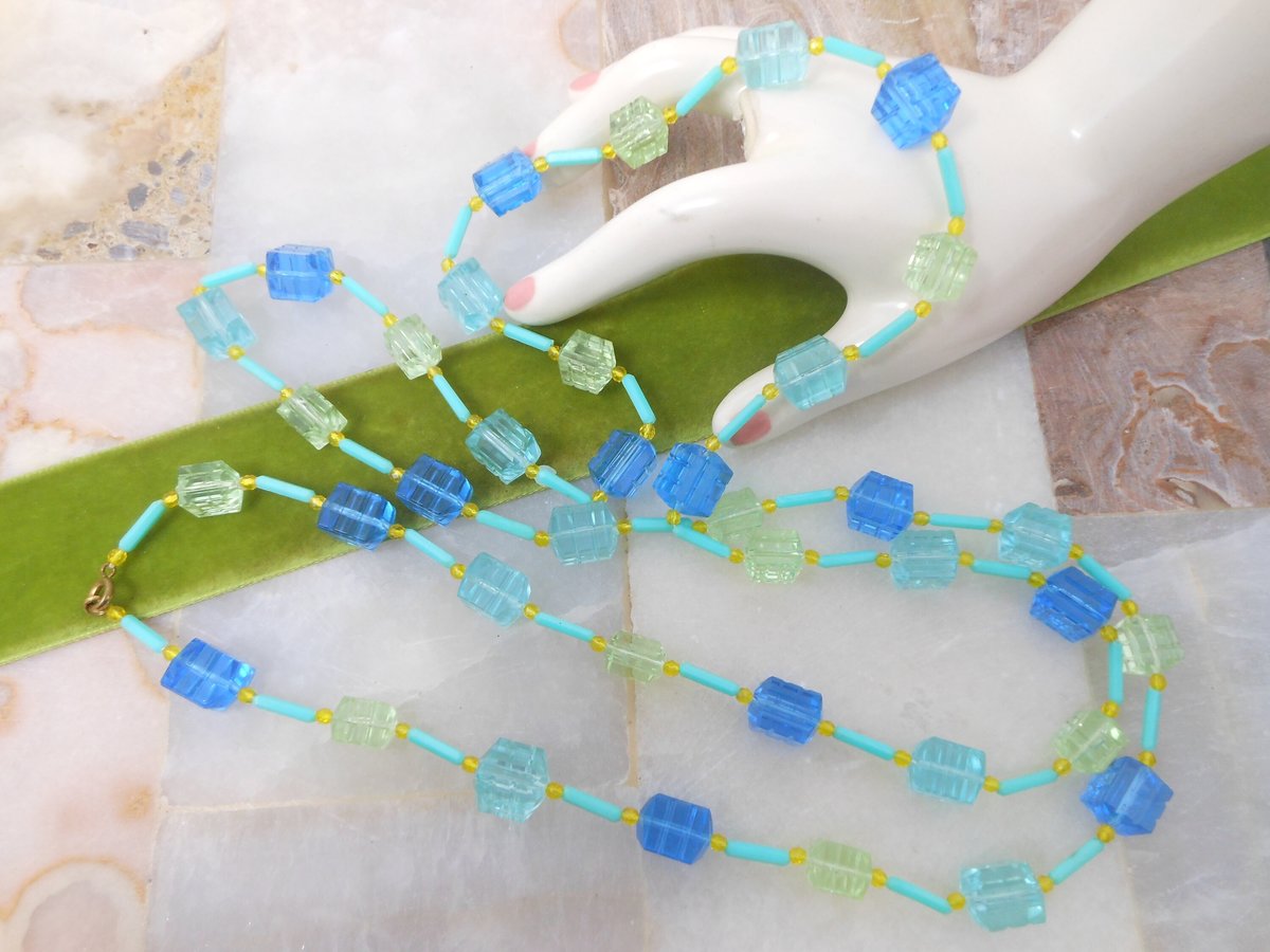 Vintage Blue Green Bead Necklace Chunky Plastic Long Chain Flapper MOD Funky Jewelry Gift Mid Century, VivianJoel.com