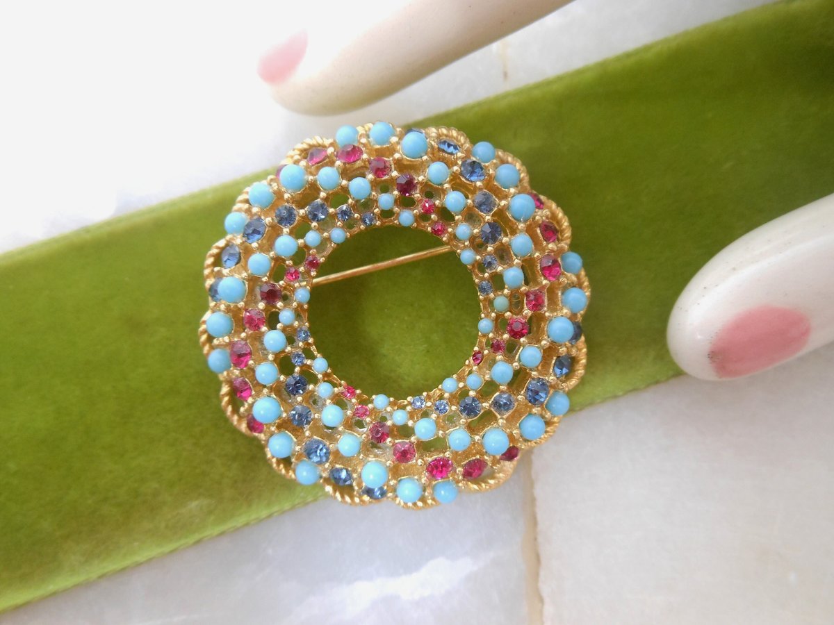 Vintage SARAH COVENTRY Rhinestone Pin Turquoise Brooch Wreath Song of India Designer Ornate Mid Century Jewelry Gift, VivianJoel.com