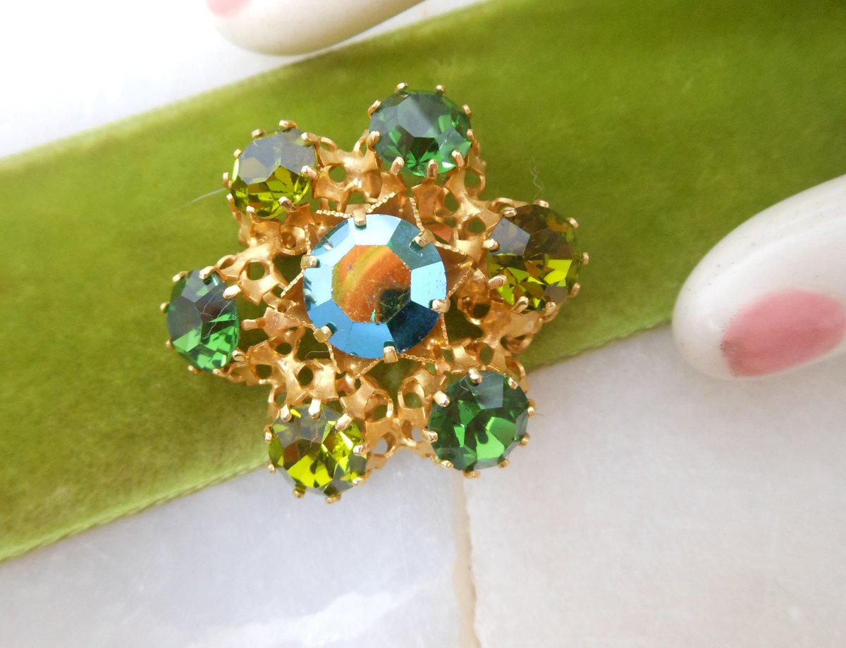 Vintage AUSTRIA Brooch Crystal Rhinestone Pin Green Victorian Renaissance Revival Ornate Jewelry Gift Mid Century, VivianJoel.com