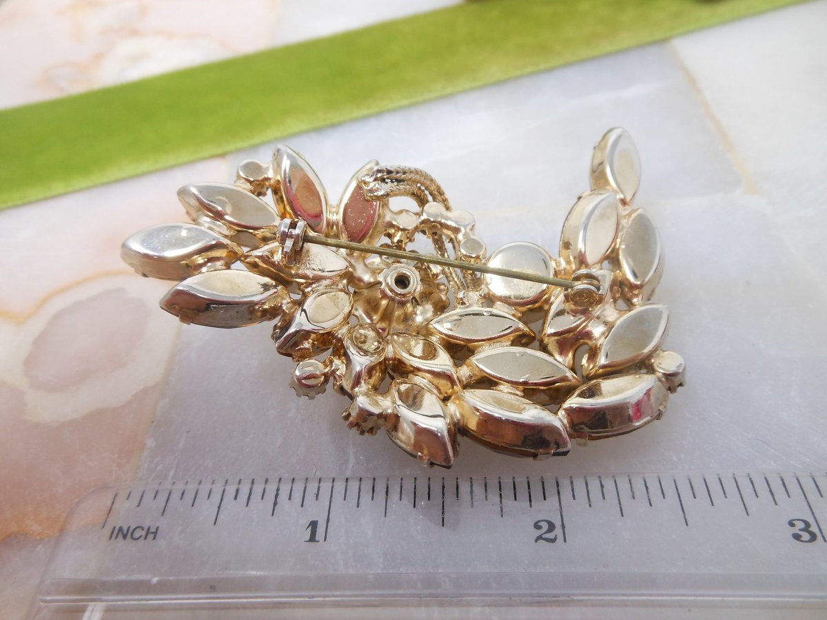 Vintage JULIANA Flower Brooch Topaz Spray Pin Crystal Rhinestone Aurora Borealis Mid Century Jewelry Gift, VivianJoel.com