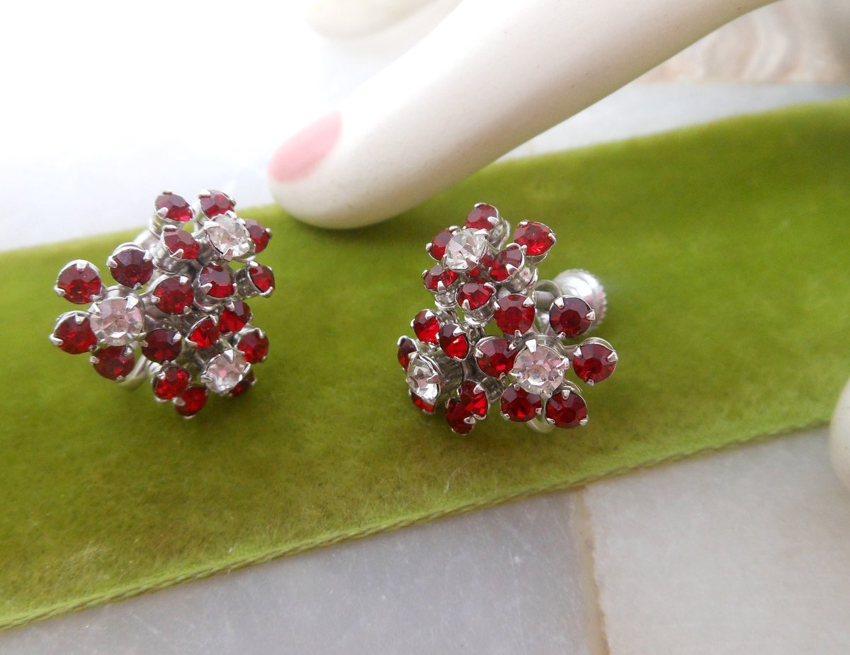 Vintage Flower Earrings Red Rhinestone Crystal Screw Back Ornate Cluster Jewelry Gift Mid Century, VivianJoel.com