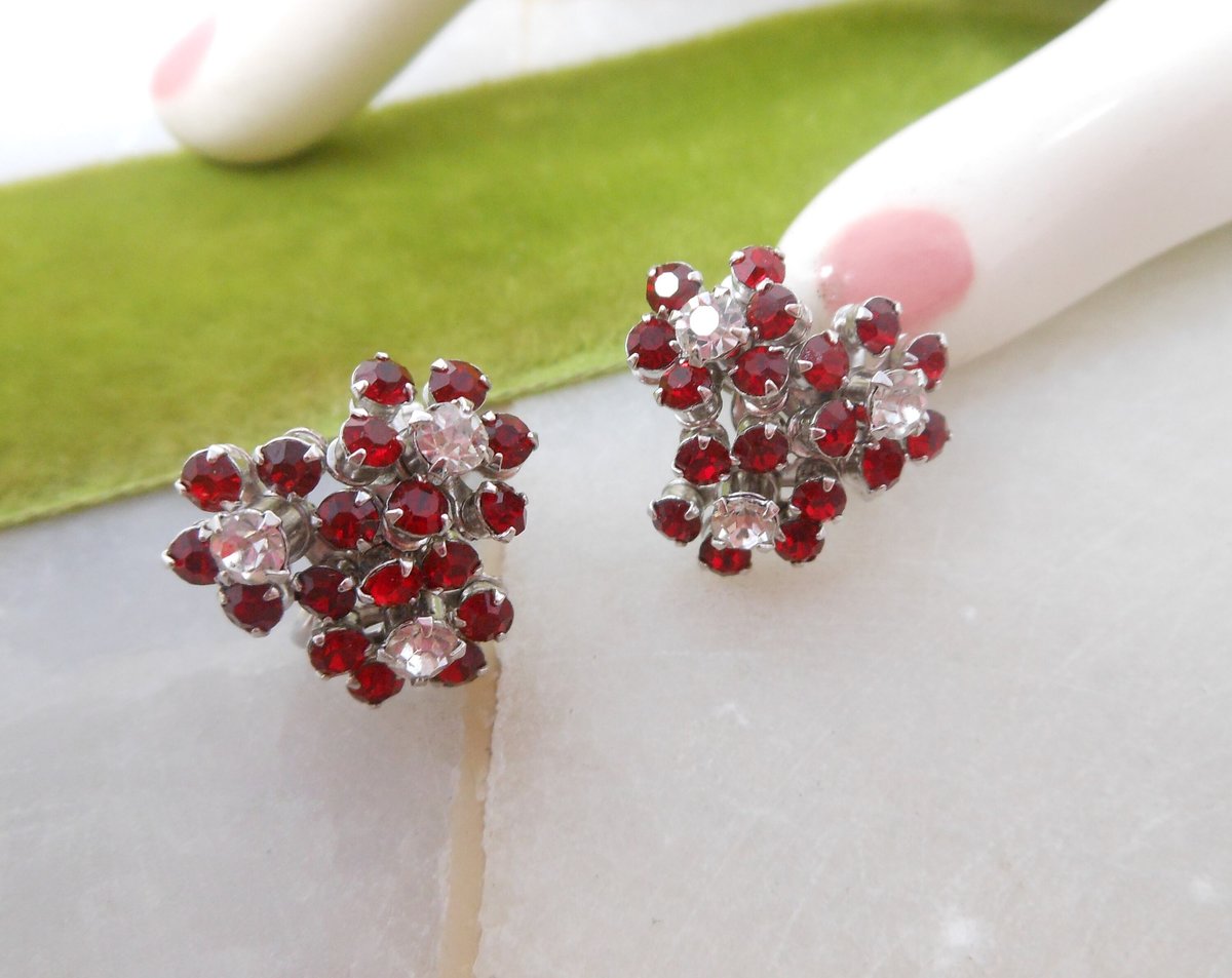 Vintage Flower Earrings Red Rhinestone Crystal Screw Back Ornate Cluster Jewelry Gift Mid Century, VivianJoel.com