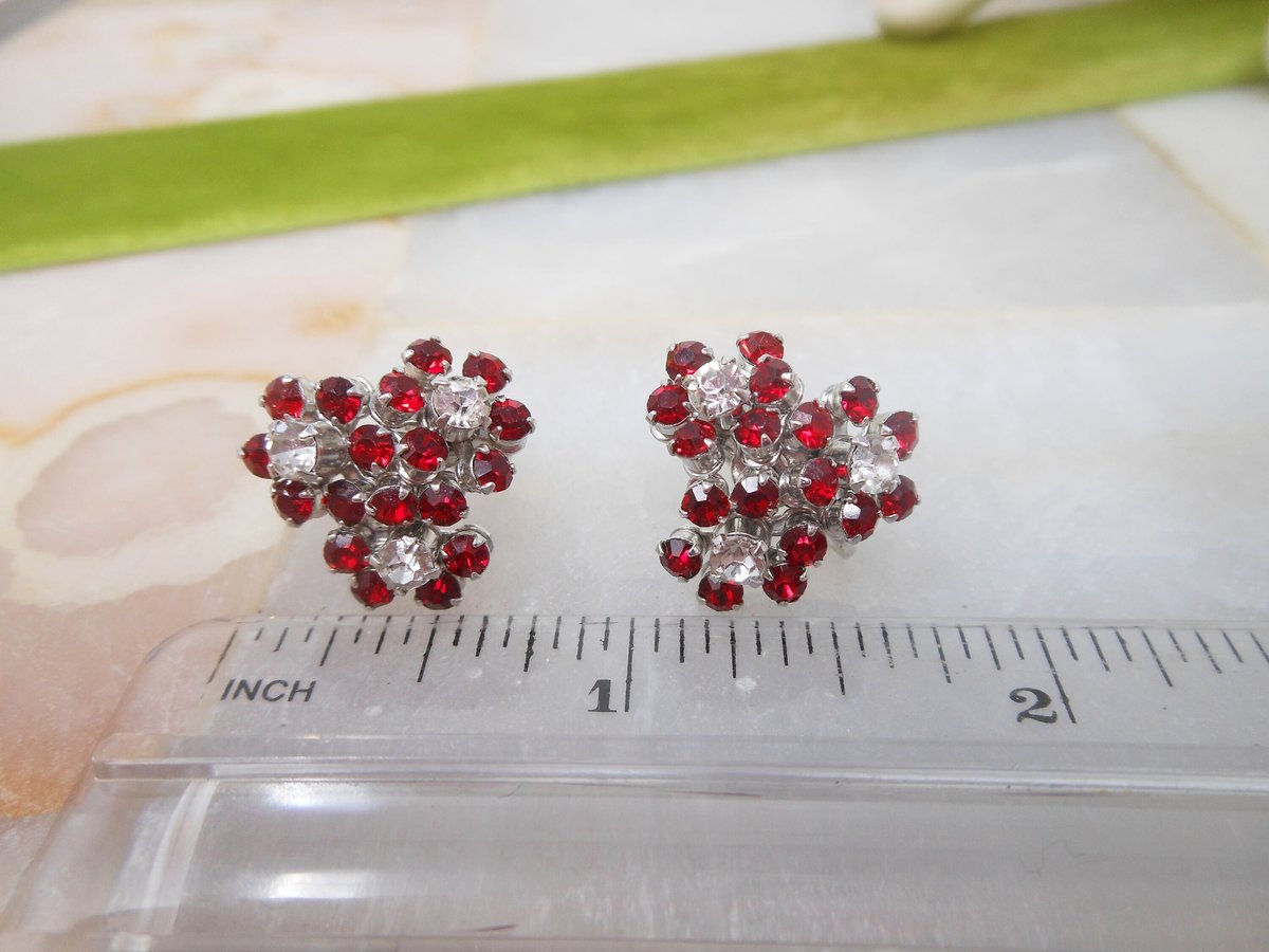 Vintage Flower Earrings Red Rhinestone Crystal Screw Back Ornate Cluster Jewelry Gift Mid Century, VivianJoel.com