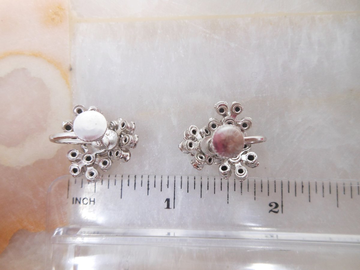 Vintage Flower Earrings Red Rhinestone Crystal Screw Back Ornate Cluster Jewelry Gift Mid Century, VivianJoel.com