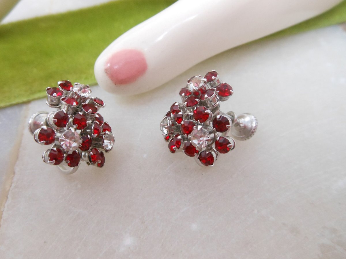 Vintage Flower Earrings Red Rhinestone Crystal Screw Back Ornate Cluster Jewelry Gift Mid Century, VivianJoel.com