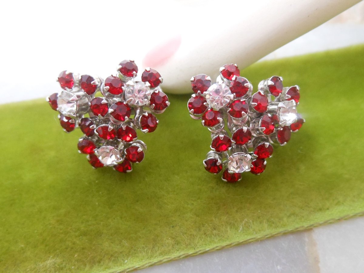 Vintage Flower Earrings Red Rhinestone Crystal Screw Back Ornate Cluster Jewelry Gift Mid Century, VivianJoel.com