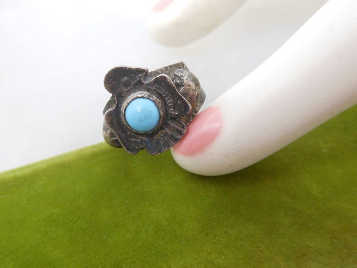 Vintage STERLING SILVER Thunderbird Ring Turquoise 925 Fred Harvey Era Mid Century Jewelry Gift Size 2 Petite, VivianJoel.com