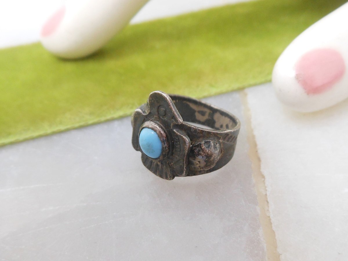 Vintage STERLING SILVER Thunderbird Ring Turquoise 925 Fred Harvey Era Mid Century Jewelry Gift Size 2 Petite, VivianJoel.com