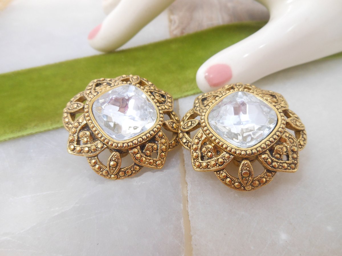 Vintage AVON Mogul Earrings Chunky Large Headlight Ornate Clip On Designer Mid Century Jewelry, VivianJoel.com