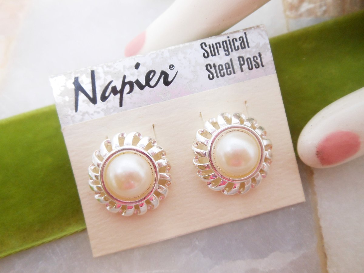 Vintage NAPIER Designer Earrings Faux Pearl Pierced Post Original Sales Card Jewelry Gift, VivianJoel.com