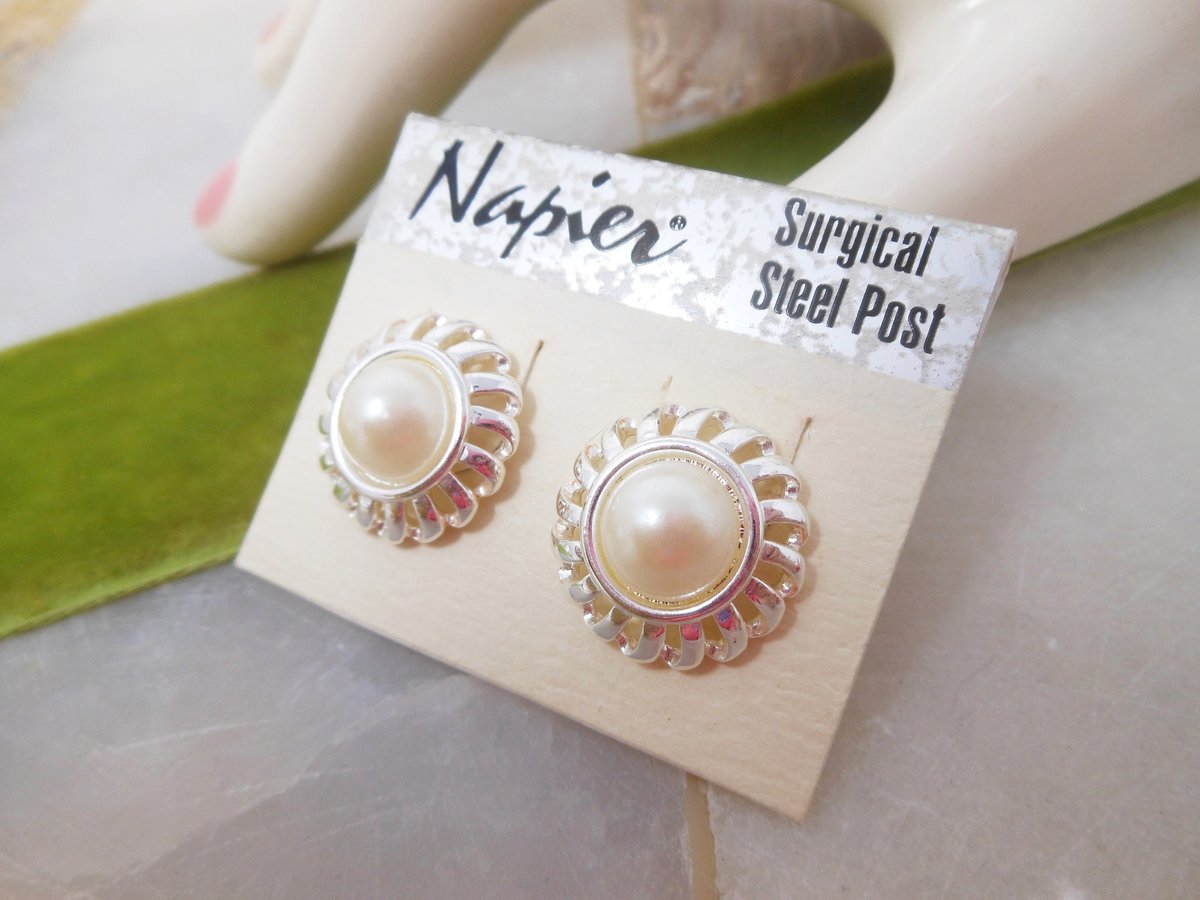 Vintage NAPIER Designer Earrings Faux Pearl Pierced Post Original Sales Card Jewelry Gift, VivianJoel.com