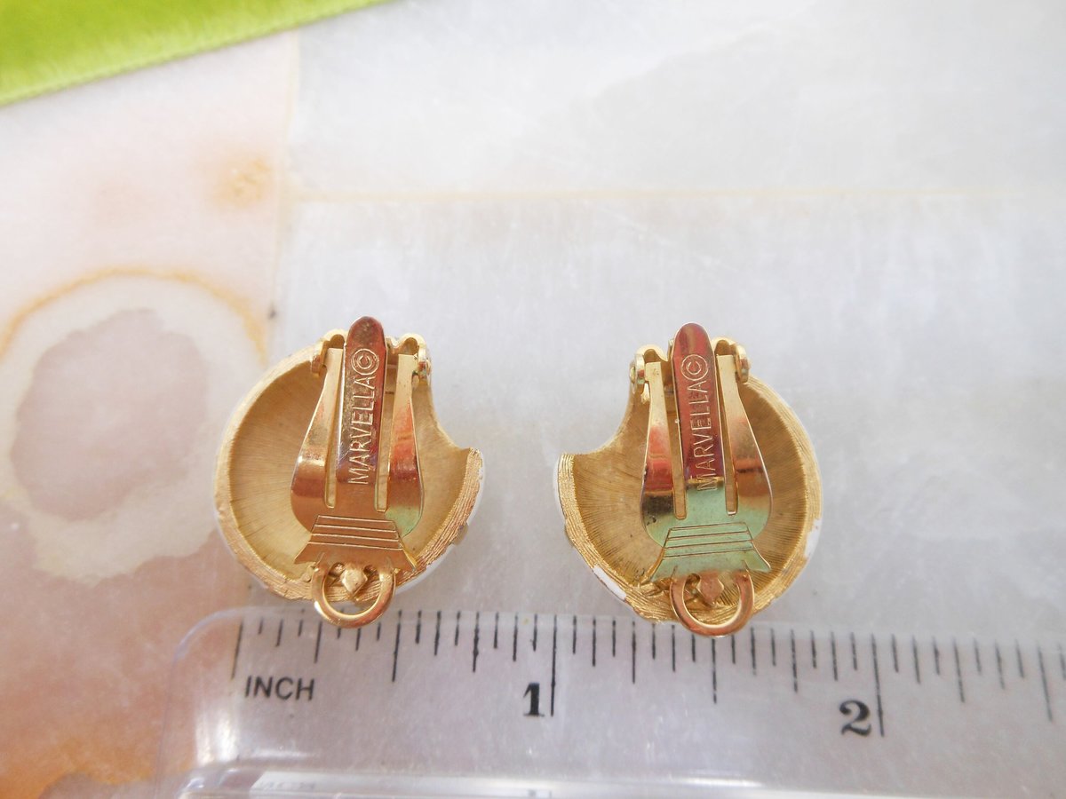 Vintage MARVELLA Pin Brooch Earrings Set Clip On White Enamel Classic Designer Mid Century Modernist Wedding Jewelry Gift, VivianJoel.com