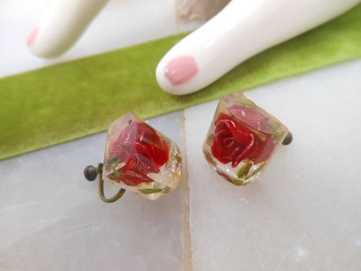 Vintage LUCITE Reverse Carved Earrings Red Rose Flower Screw Back Plastic Resin Mid Century Jewelry Gift, VivianJoel.com