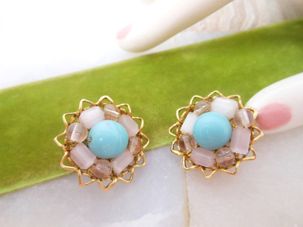 Vintage FREIRICH Earrings Art Glass Clip On Flower Cluster Blue Bead Mid Century Designer Jewelry, VivianJoel.com