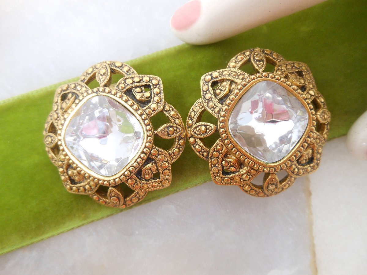 Vintage AVON Mogul Earrings Chunky Large Headlight Ornate Clip On Designer Mid Century Jewelry, VivianJoel.com