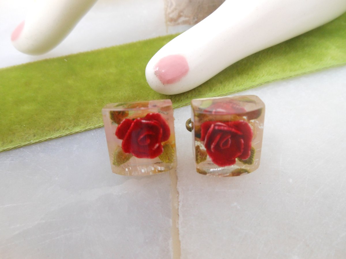 Vintage LUCITE Reverse Carved Earrings Red Rose Flower Screw Back Plastic Resin Mid Century Jewelry Gift, VivianJoel.com