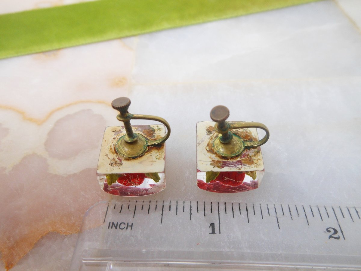 Vintage LUCITE Reverse Carved Earrings Red Rose Flower Screw Back Plastic Resin Mid Century Jewelry Gift, VivianJoel.com