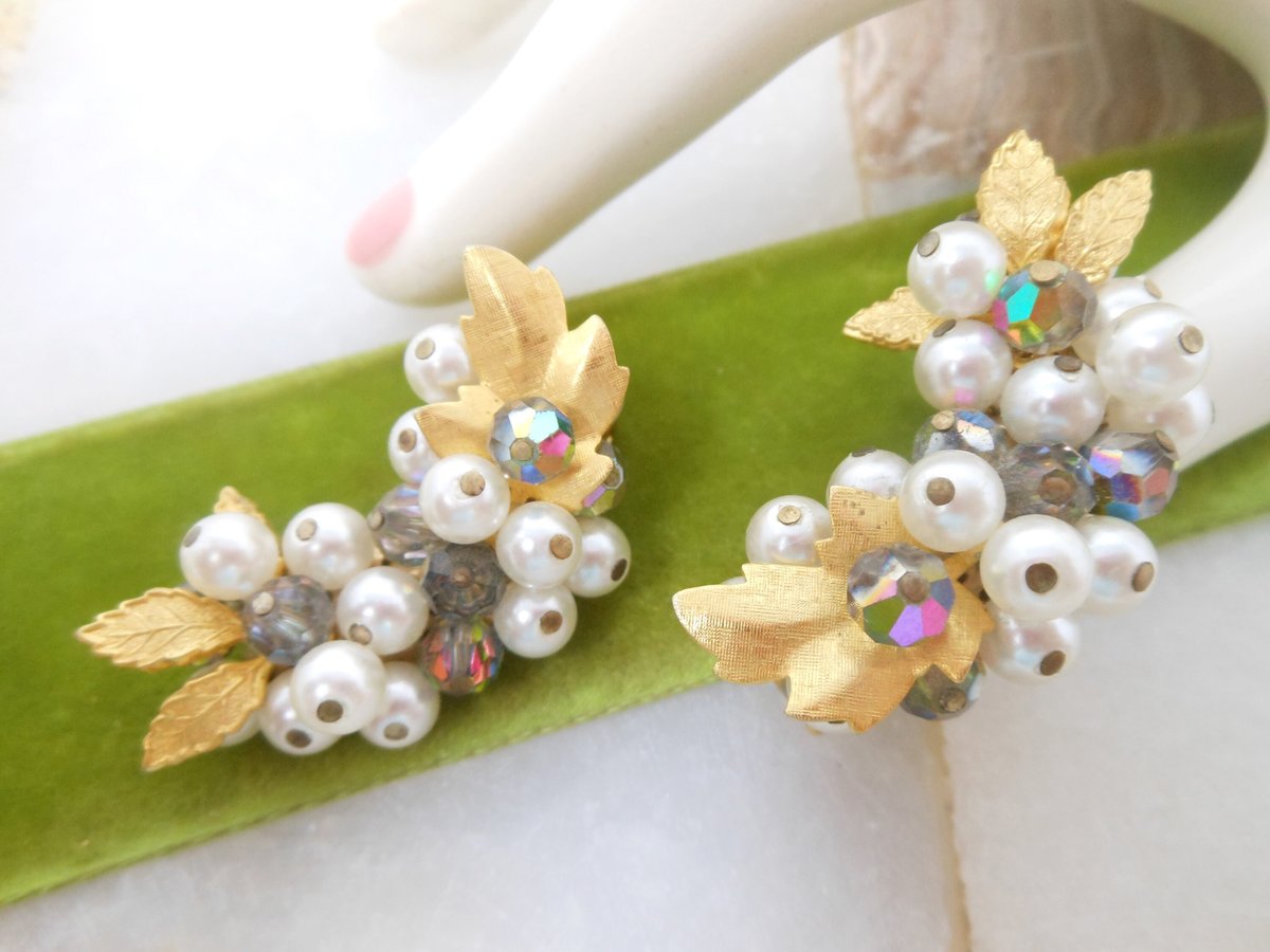 Vintage LAGUNA Earrings Pearl Crystal Cluster Bead Designer Flower Ear Climbers Drama Jewelry Mid Century, VivianJoel.com