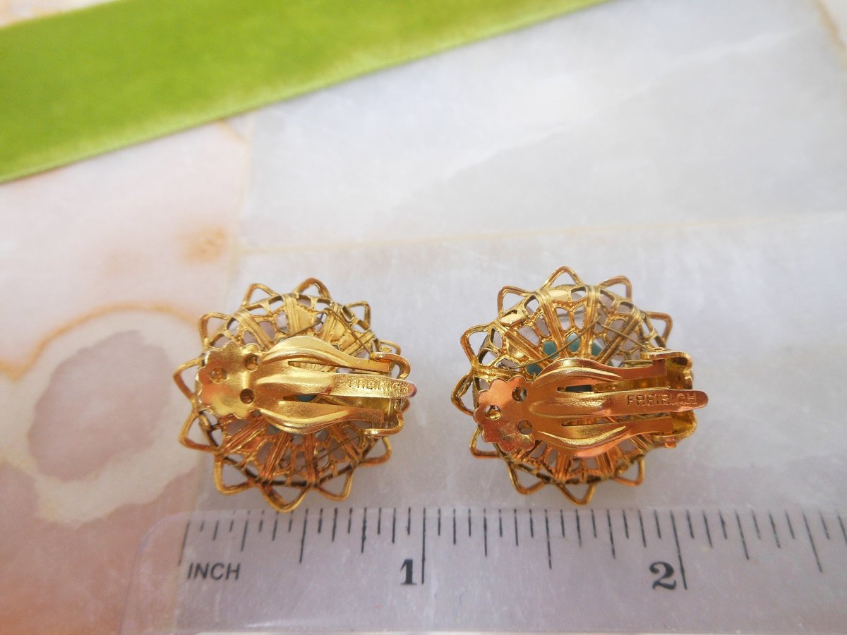 Vintage FREIRICH Earrings Art Glass Clip On Flower Cluster Blue Bead Mid Century Designer Jewelry, VivianJoel.com