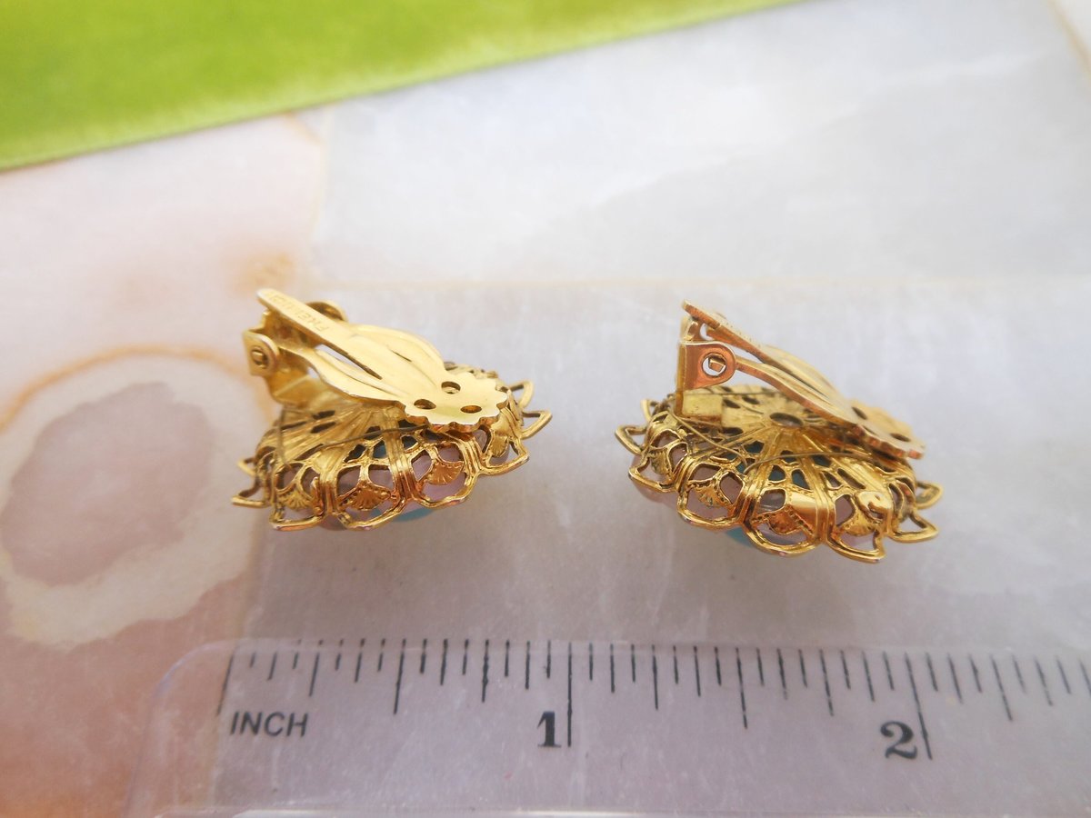 Vintage FREIRICH Earrings Art Glass Clip On Flower Cluster Blue Bead Mid Century Designer Jewelry, VivianJoel.com