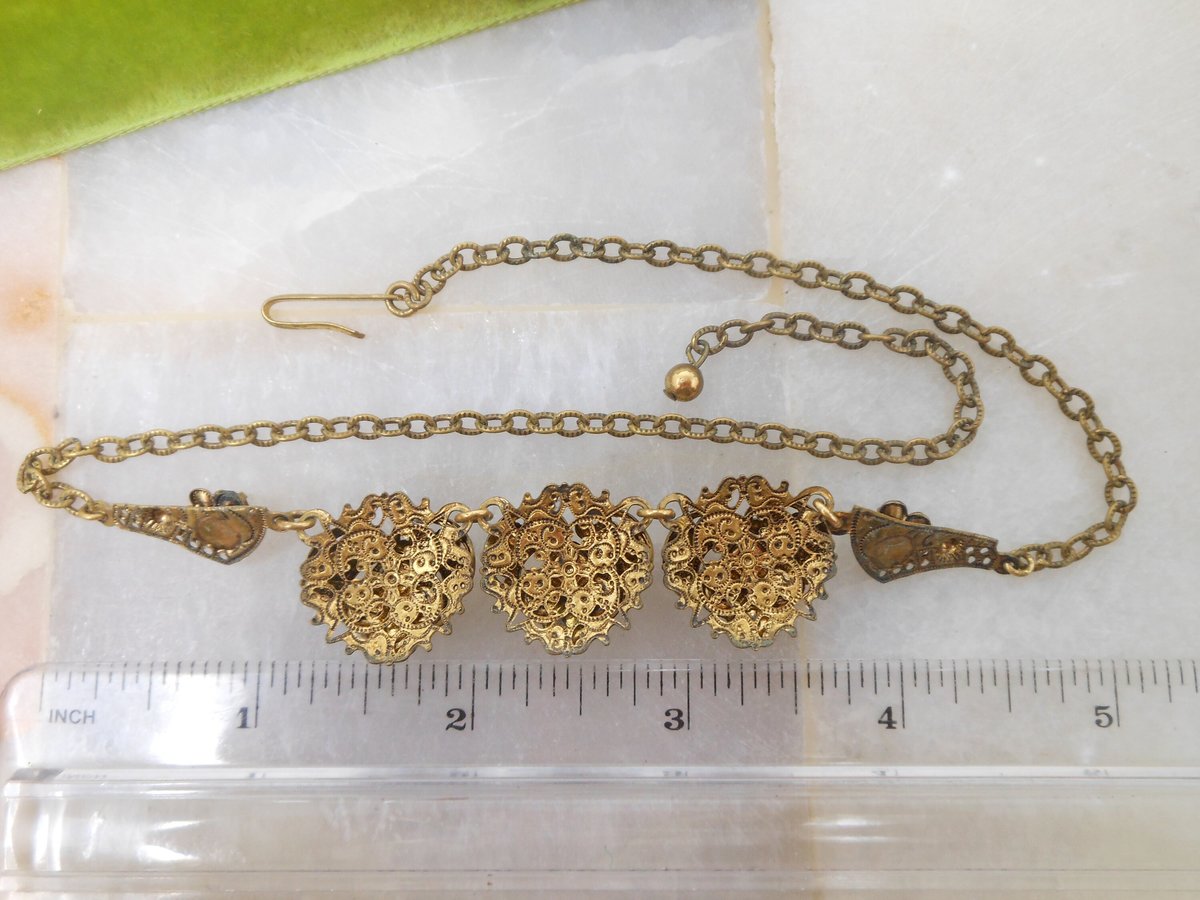 Vintage GERMANY Necklace Earrings Set Ornate Victorian Renaissance Revival Green Crystal Rhinestone Jewelry Mid Century, VivianJoel.com