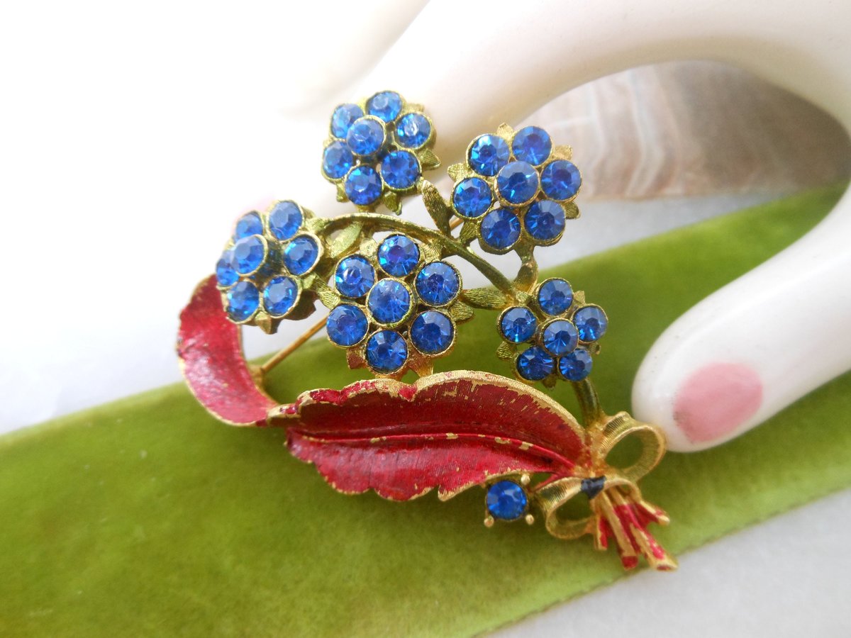 Vintage MAMSELLE Brooch Flower Blue Rhinestone Pin Enamel Bouquet Mid Century Designer Jewelry Gift,  VivianJoel.com