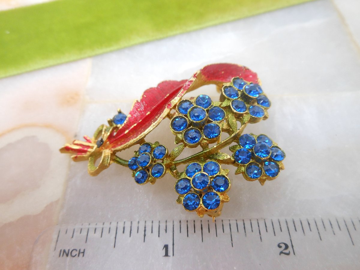 Vintage MAMSELLE Brooch Flower Blue Rhinestone Pin Enamel Bouquet Mid Century Designer Jewelry Gift,  VivianJoel.com