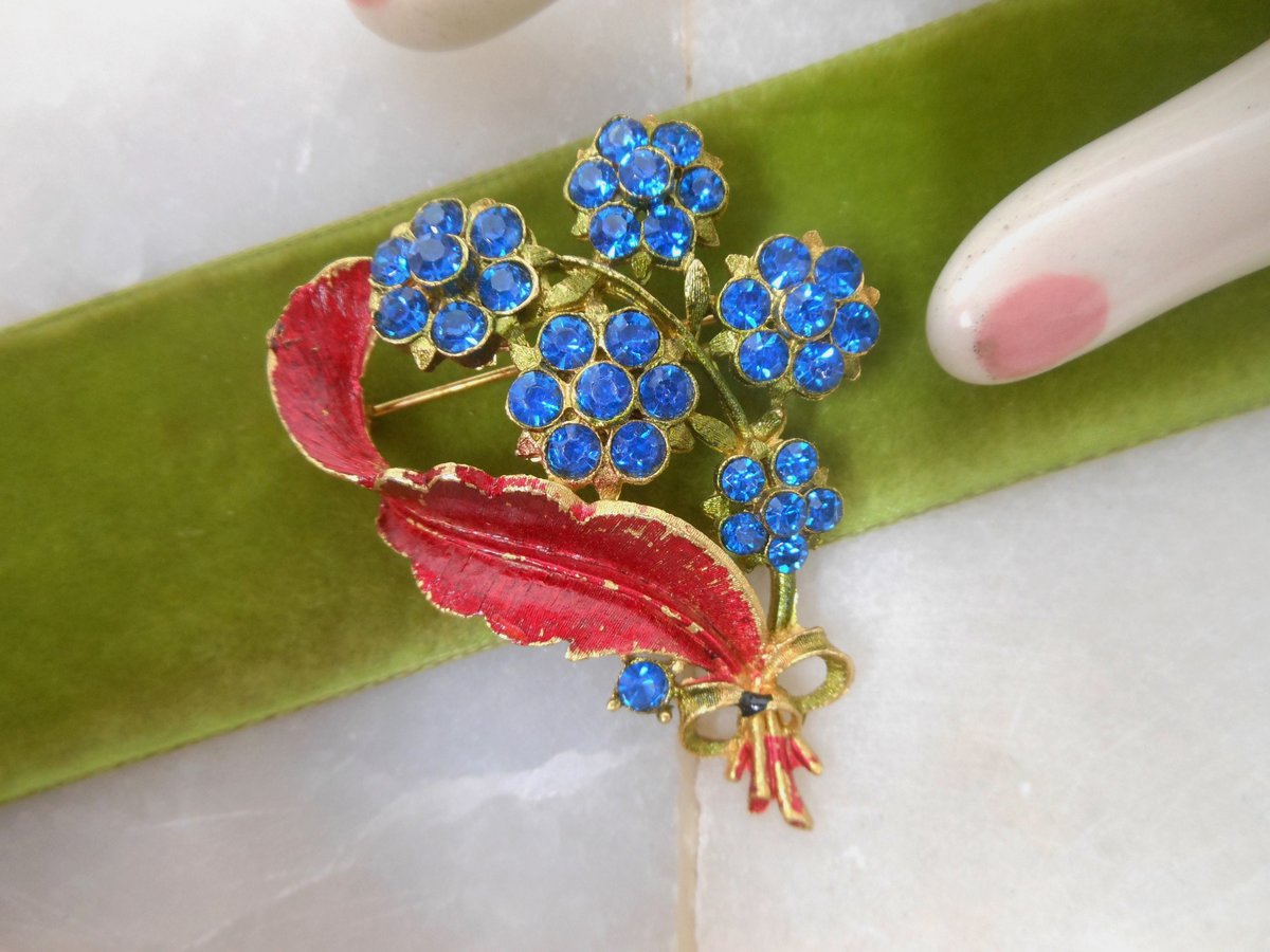 Vintage MAMSELLE Brooch Flower Blue Rhinestone Pin Enamel Bouquet Mid Century Designer Jewelry Gift,  VivianJoel.com