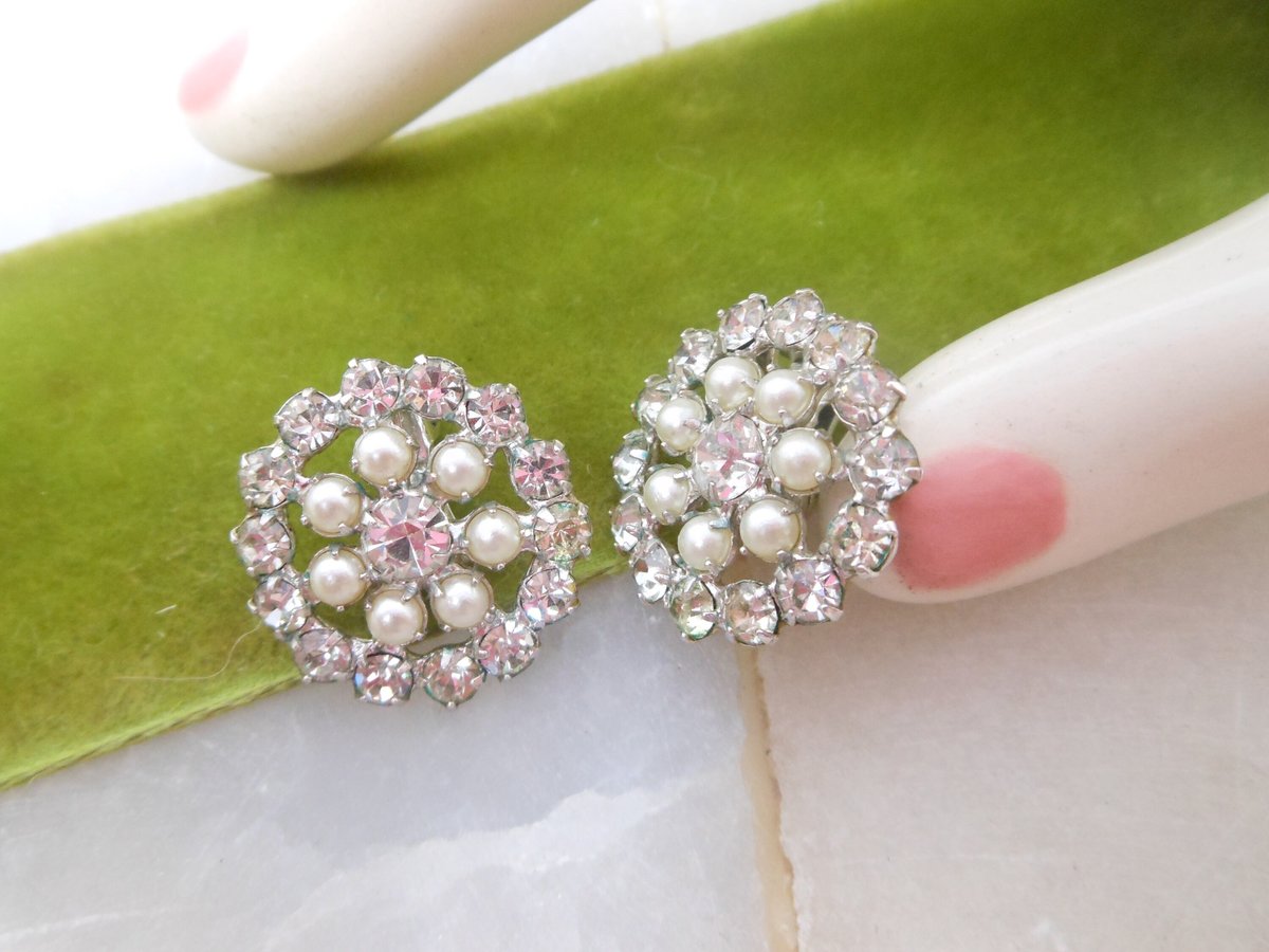 Vintage B DAVID Rhinestone Pearl Earrings Clip On Glamour Sparkle Wedding Mid Century Jewelry Gift, VivianJoel.com