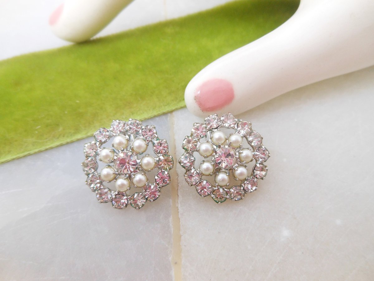 Vintage B DAVID Rhinestone Pearl Earrings Clip On Glamour Sparkle Wedding Mid Century Jewelry Gift, VivianJoel.com