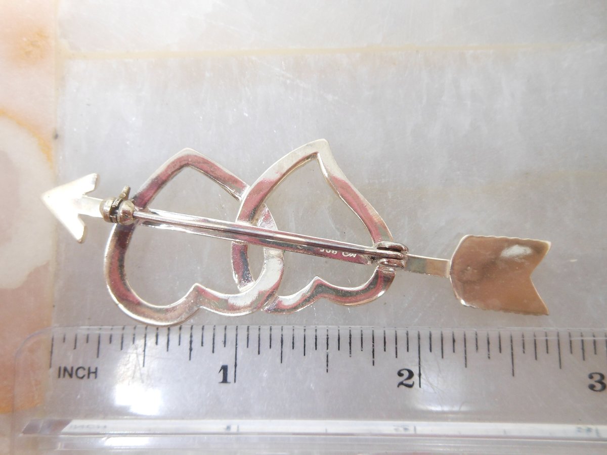 Vintage STERLING SILVER Brooch Double Heart Arrow Love Pin Designer Valentine Mid Century Jewelry Gift, VivianJoel.com