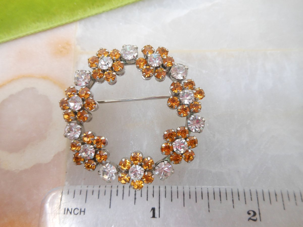 Vintage Topaz Flower Brooch Rhinestone Pin Wreath Clear Jewelry Gift Mid Century, VivianJoel.com