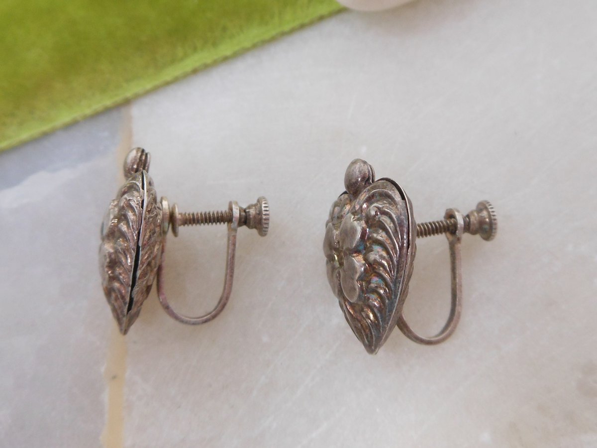 Vintage STERLING SILVER Puffy Heart Earrings Victorian Repousse Screw Back 925 Art Nouveau Jewelry Gift, VivianJoel.com