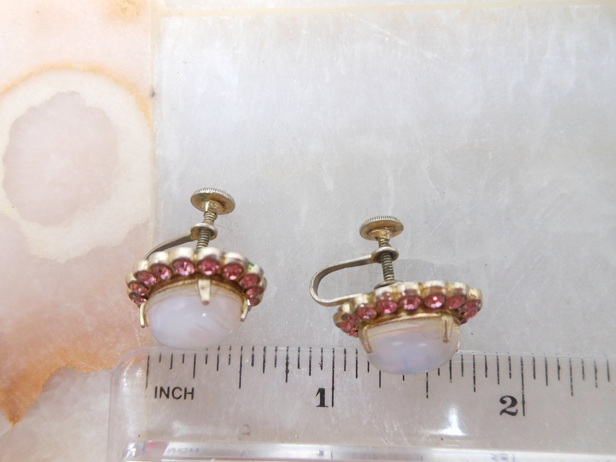 Vintage CORO Moonstone Pink Rhinestone Earrings Screw Back Opal Art Glass Designer Jewelry Mid Century, VivianJoel.com