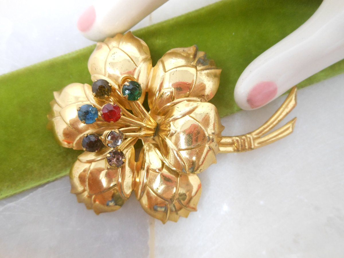 Vintage Rhinestone Flower Pin Fruit Salad Brooch Stamped Brass Mid Century Jewelry Gift, VivianJoel.com
